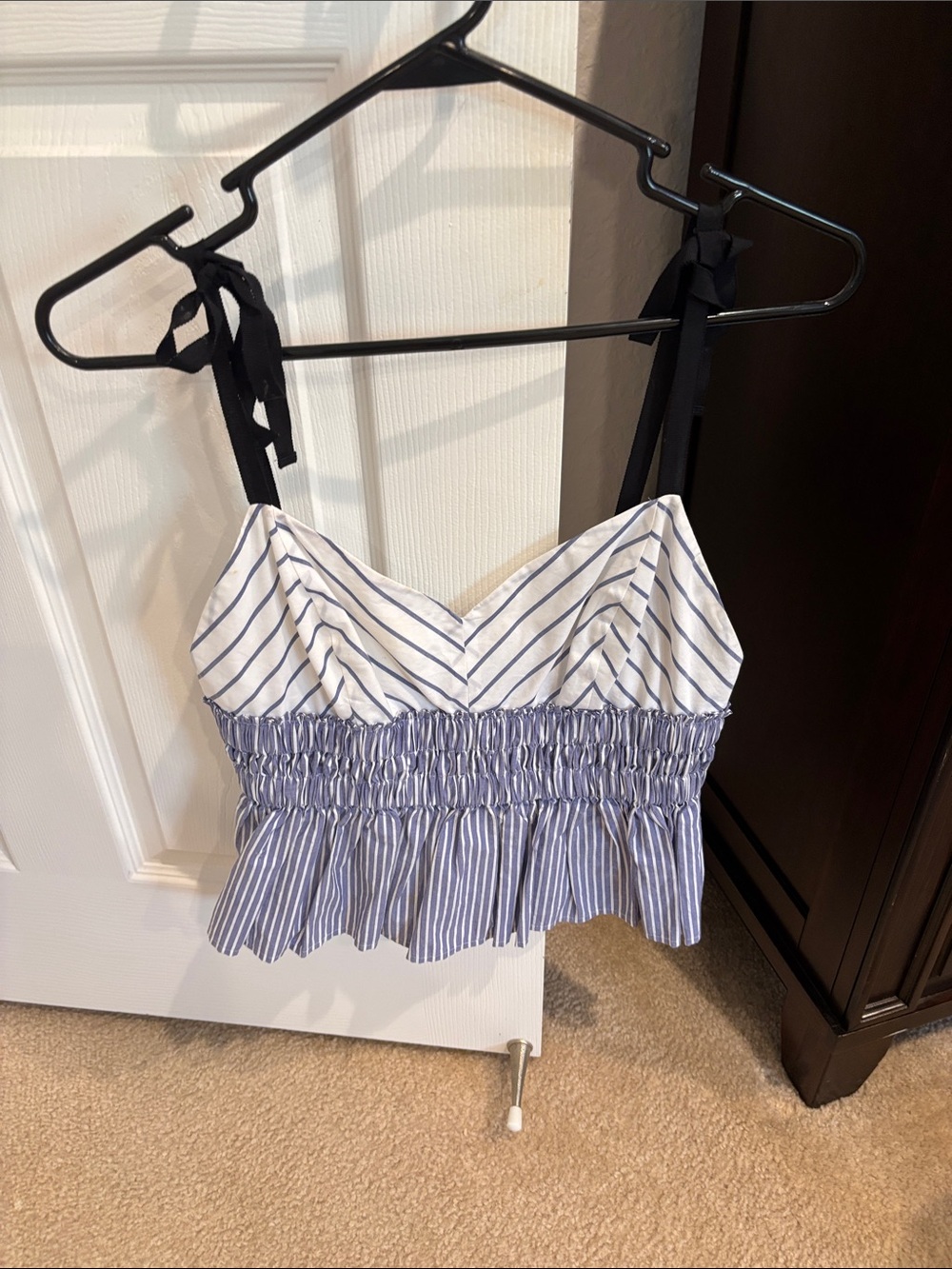 Express Blue and White Striped Tie-Shoulder Smocked Crop Top